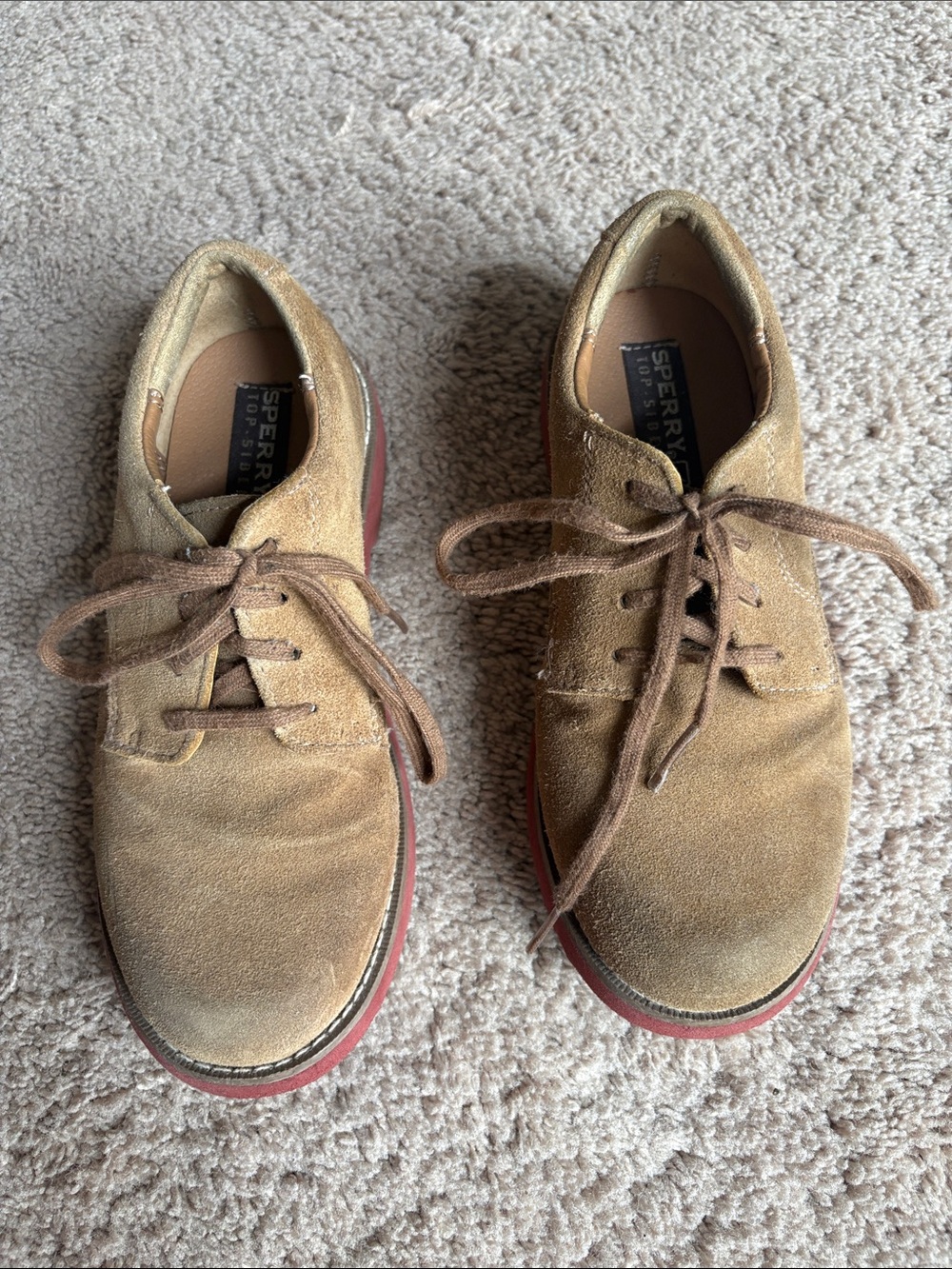 Sperry Men’s Tan Suede Boat Shoes with Red-Brown Sole